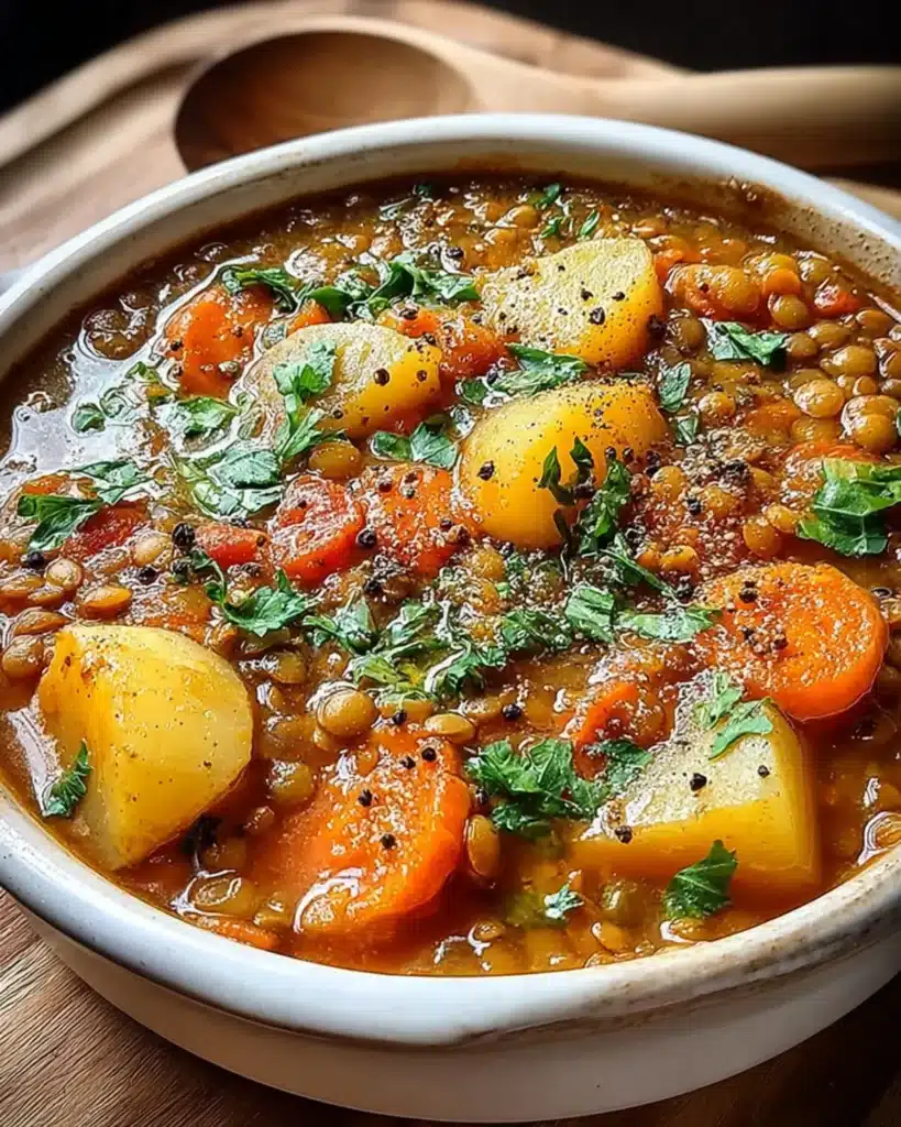 Freshly made Lentil Soup with chunks of carrots and potatoes, garnished with parsley and black pepper.