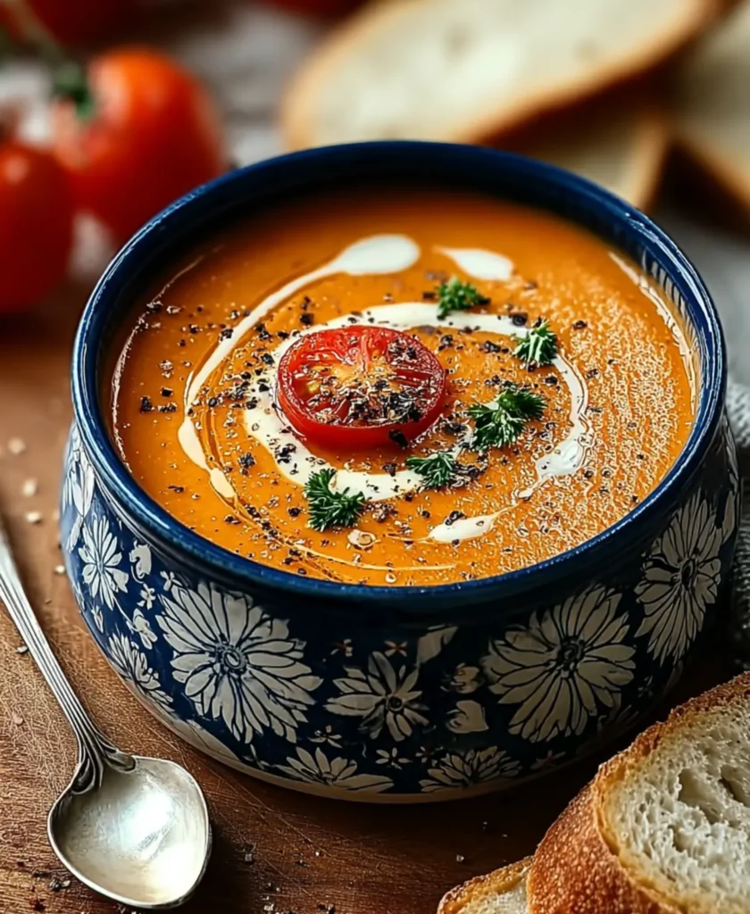 Homemade roasted garlic tomato soup in blue floral bowl with cream swirl and toasted bread