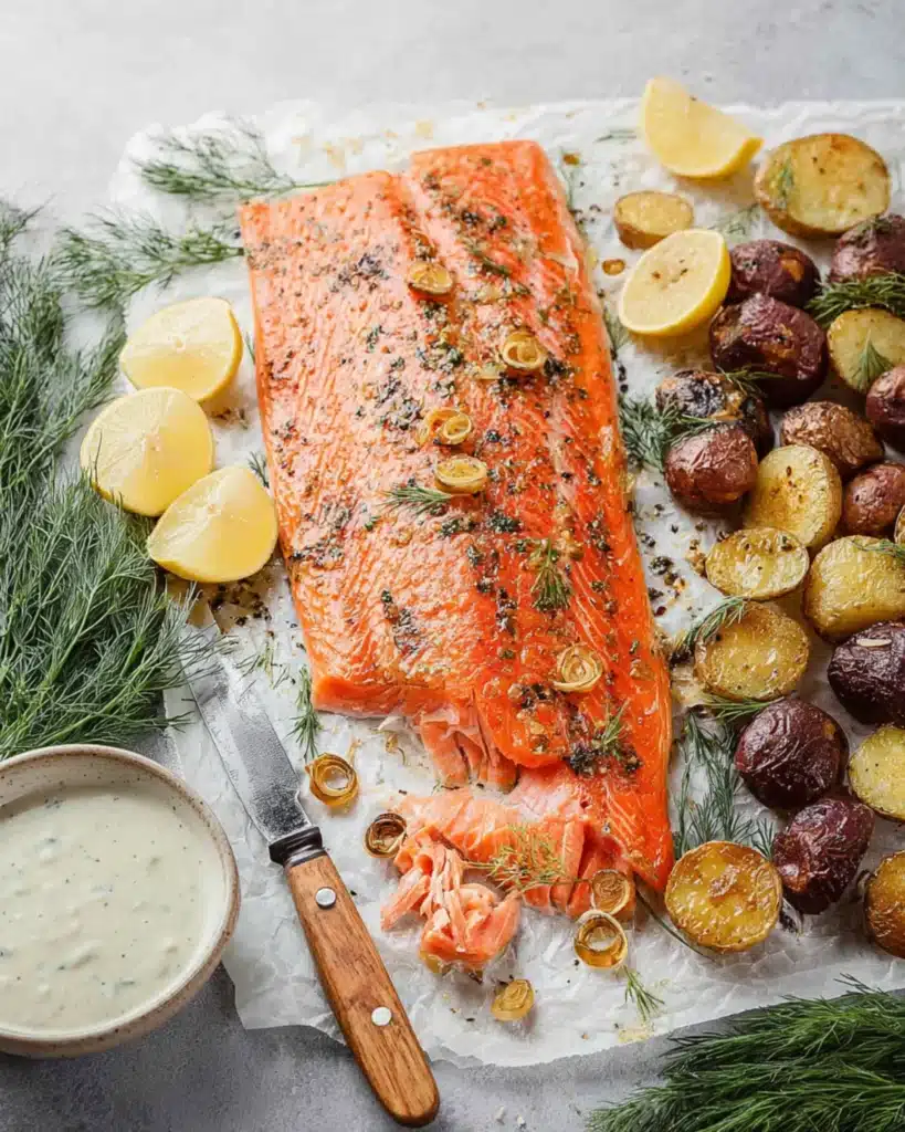 Cooked salmon fillet with roasted potatoes, fresh dill, lemon wedges, and creamy sauce.