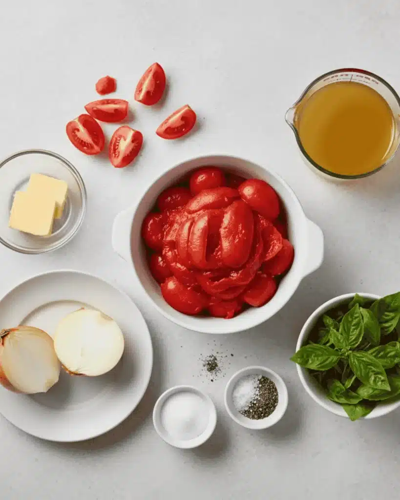 Whole tomatoes, fresh basil, onion, butter, broth, salt, and pepper arranged on a light surface for making homemade tomato basil sauce.