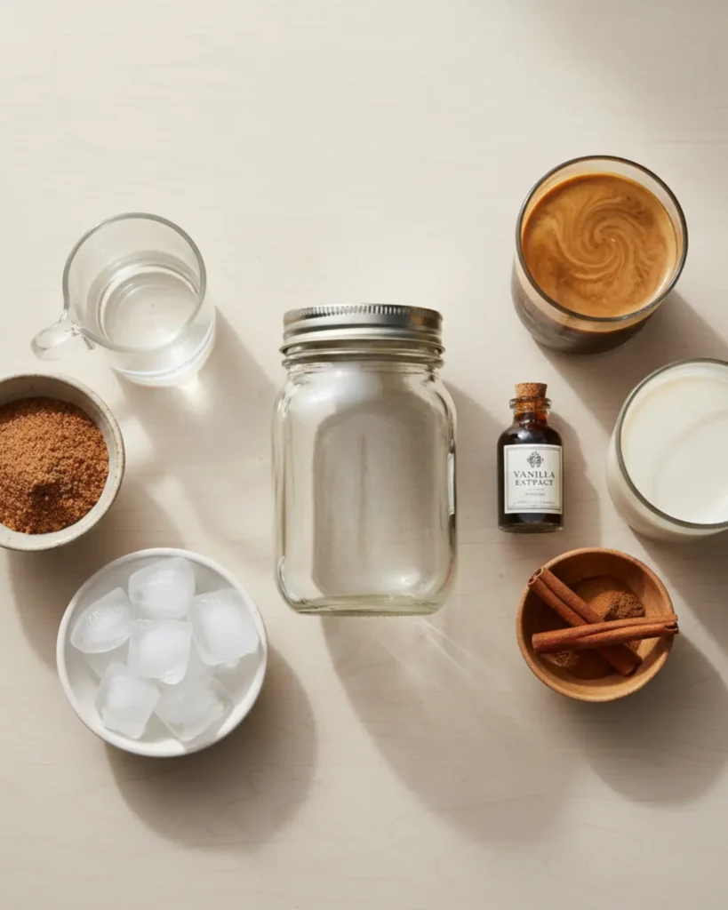 Ingredients for Iced Brown Sugar Oatmilk Espresso including mason jar, espresso, oat milk, cinnamon, ice, and brown sugar