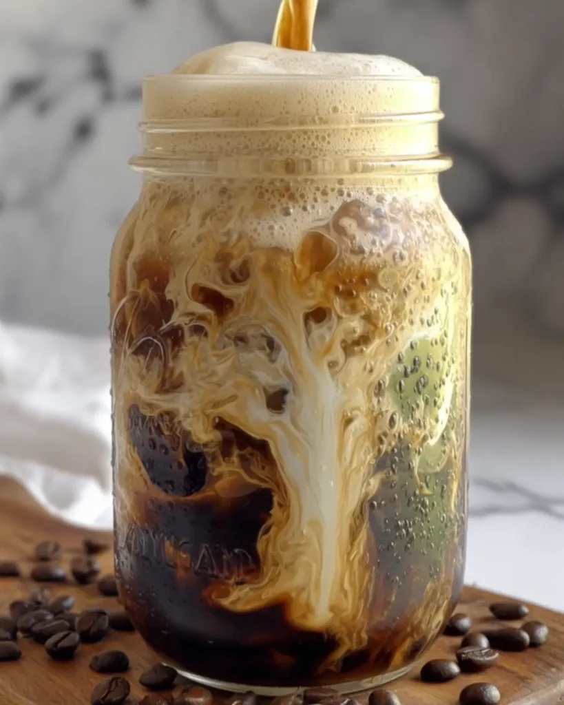 Iced Brown Sugar Oatmilk Shaken Espresso with creamy swirls and frothy top in a mason jar