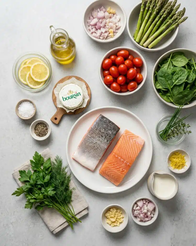Fresh salmon fillets, Boursin cheese, cherry tomatoes, asparagus, spinach, and seasonings arranged for Baked Boursin Salmon.