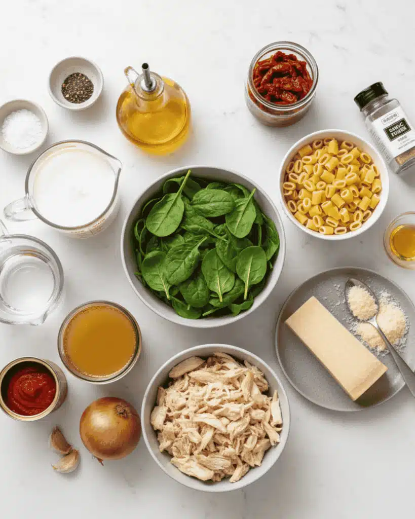 Flat lay of ingredients for Marry Me Chicken Soup including chicken, pasta, spinach, cream, parmesan, and sun-dried tomatoes