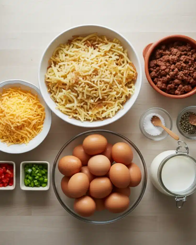 Overhead view of ingredients for an Easy Crockpot breakfast casserole, including eggs, hash browns, cheese, cooked sausage, peppers, milk, salt, and pepper.