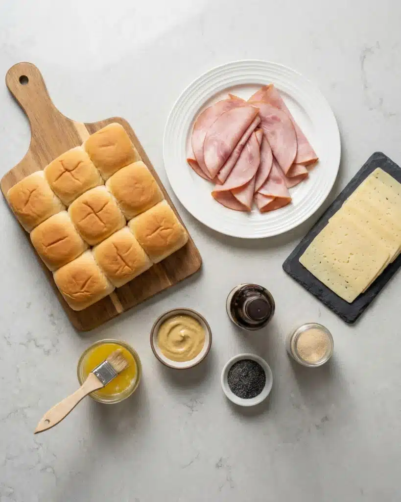 All ingredients for Ham and Havarti Cheese Sliders including Hawaiian rolls, deli ham, Havarti cheese, melted butter, mustard, Worcestershire, onion powder, and poppy seeds.