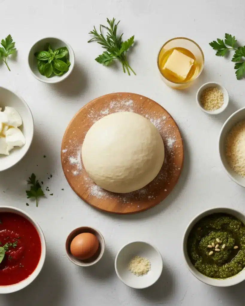 Fresh ingredients for Christmas tree bread including dough, herbs, butter, cheese, marinara, and pesto.