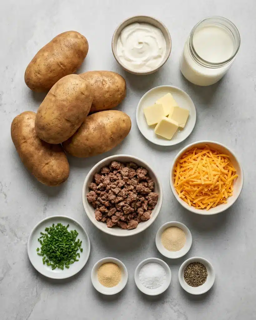Twice baked potato ingredients including russet potatoes, cheese, butter, sour cream, beef, and chives on a gray surface