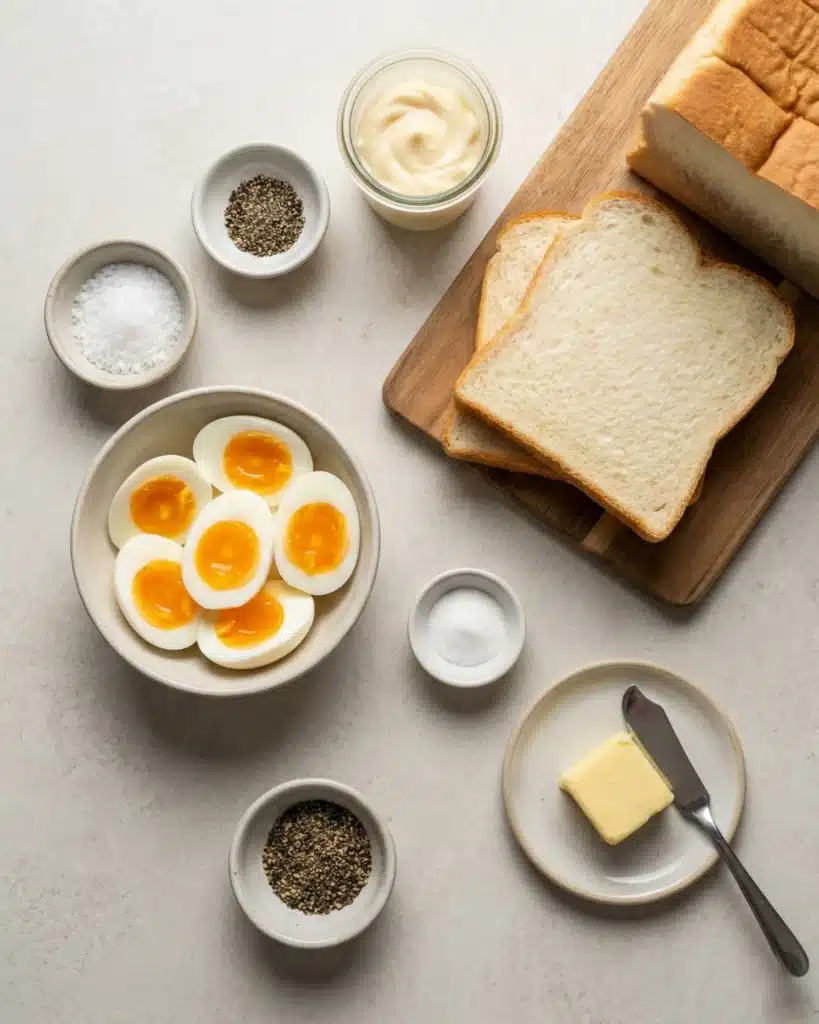 Ingredients for Japanese egg sandwich including soft-boiled eggs, milk bread, mayonnaise, salt, and pepper.