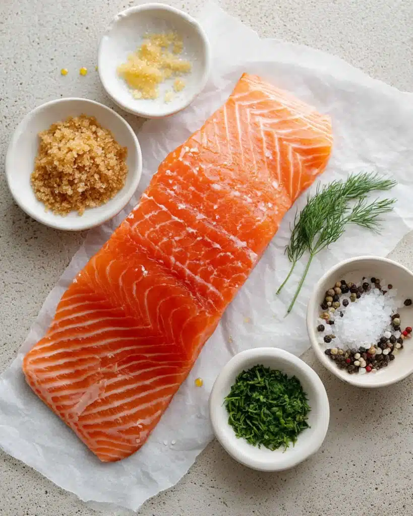 Fresh raw salmon fillet surrounded by bowls of salt, garlic, brown sugar, dill, and pepper for a smoked salmon recipe.