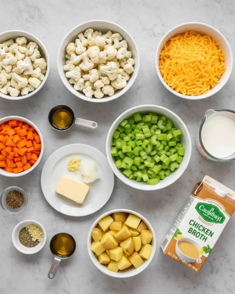 Fresh cauliflower soup ingredients including cauliflower, carrots, celery, potatoes, cheddar, and broth arranged on a marble surface