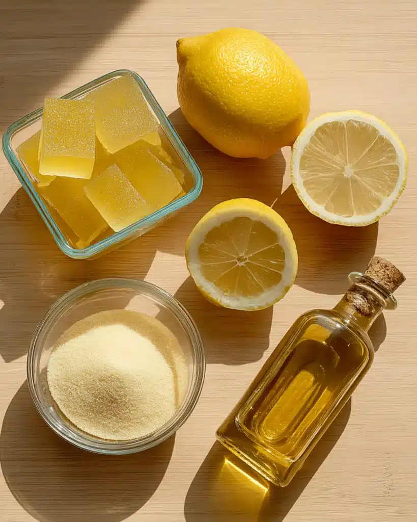 Top-down view of gelatin cubes, lemons, gelatin powder, and a bottle of liquid sweetener used to make the Gelatin Trick Recipe.
