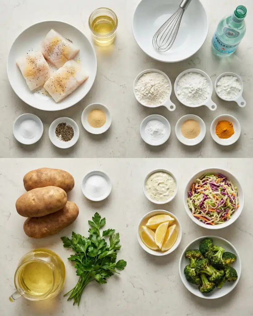 Ingredients for Battered Fish and Chips including cod fillets, flour, potatoes, lemon, and tartar sauce