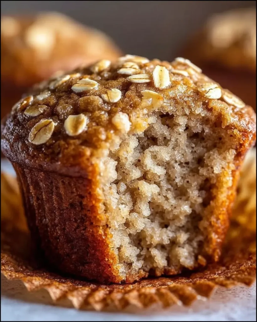 Healthy Banana Oatmeal Muffin with a bite taken, showing moist inside texture and oats on top.