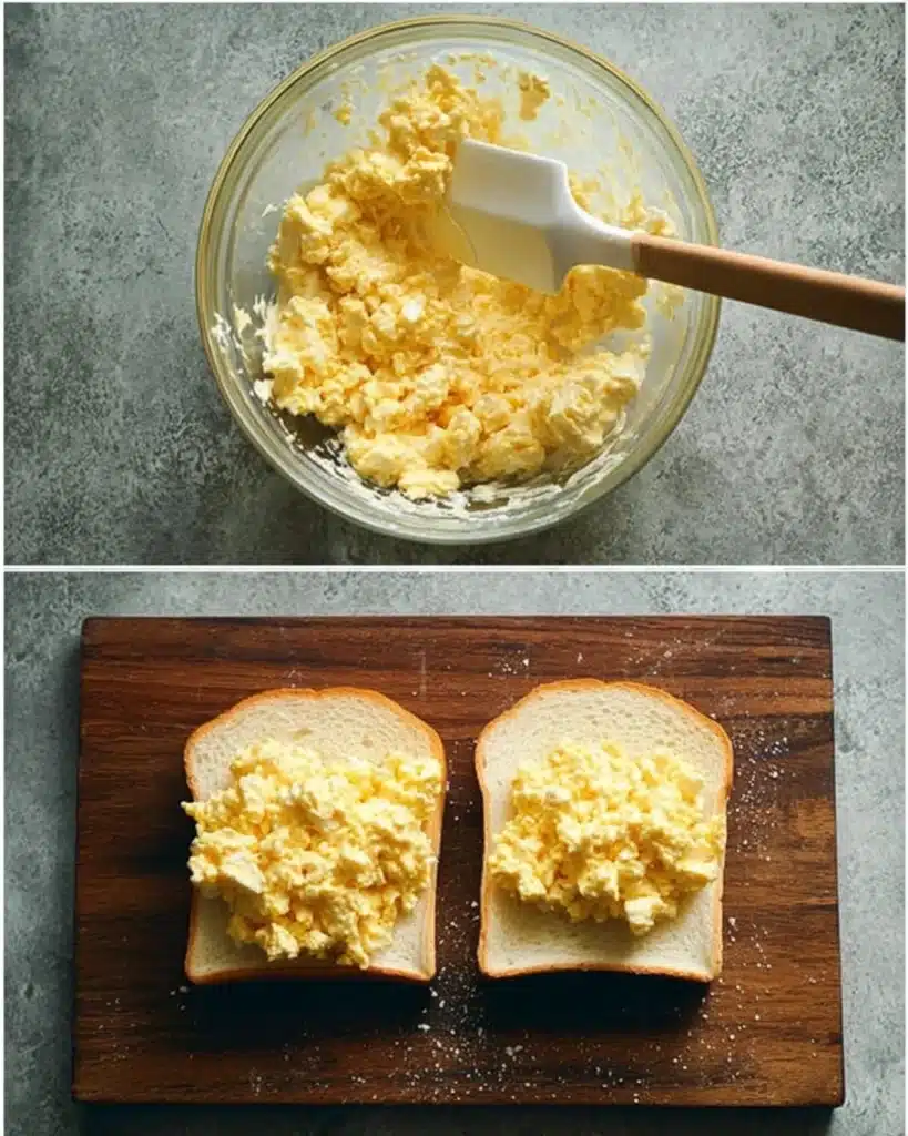 Bowl of creamy Japanese egg salad being mixed with a spatula, placed on a gray stone surface.