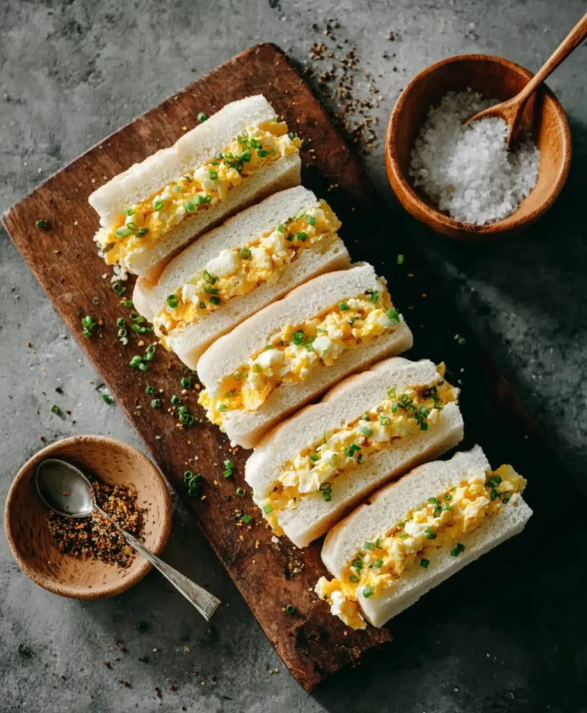 Japanese egg sandwiches arranged on a wooden board with salt and seasoning bowls.