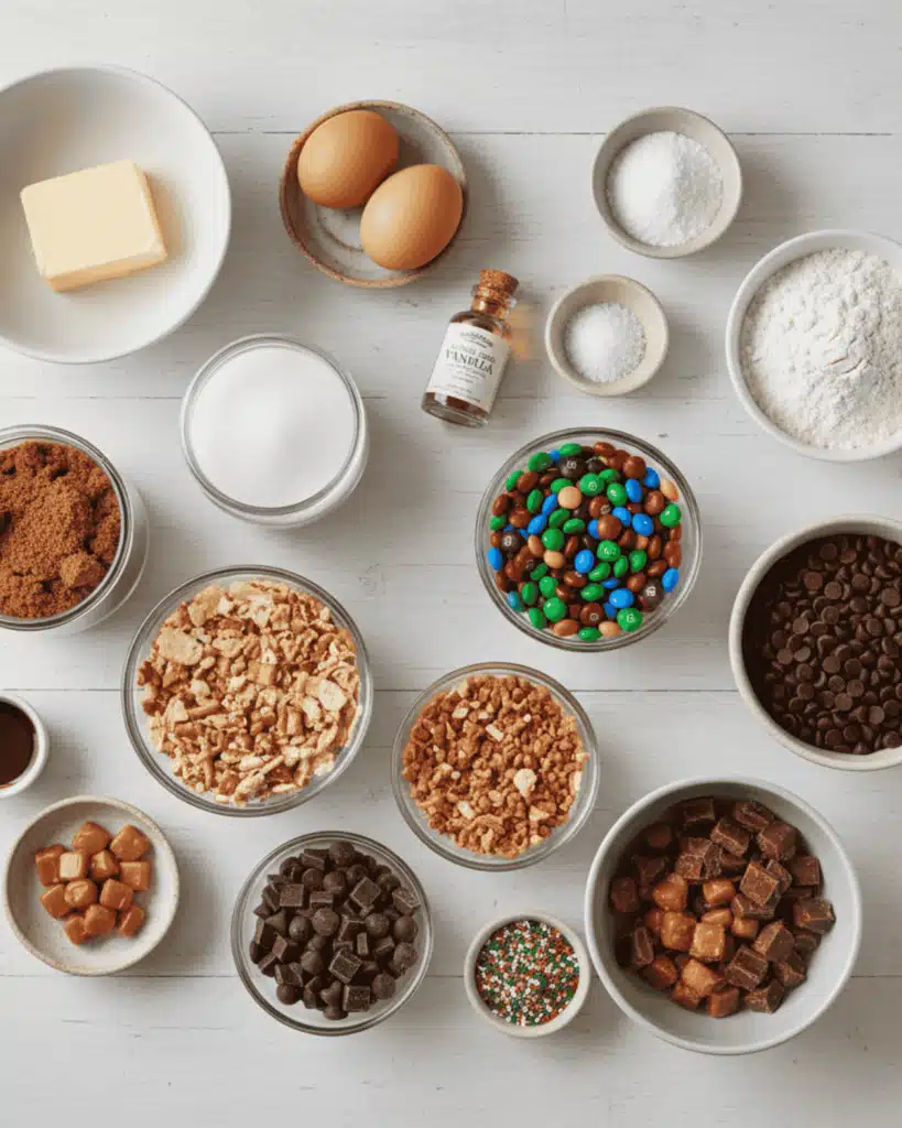 Baking ingredients for loaded cookie bars arranged on a white surface, including butter, eggs, sugars, flour, vanilla, candy pieces, chocolate chips, caramel bits, sprinkles, and crunchy mix-ins.