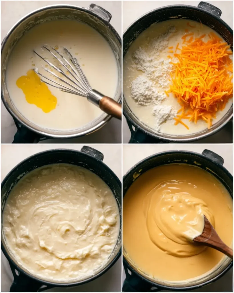 Homemade cheese sauce being whisked with cheddar for cauliflower soup