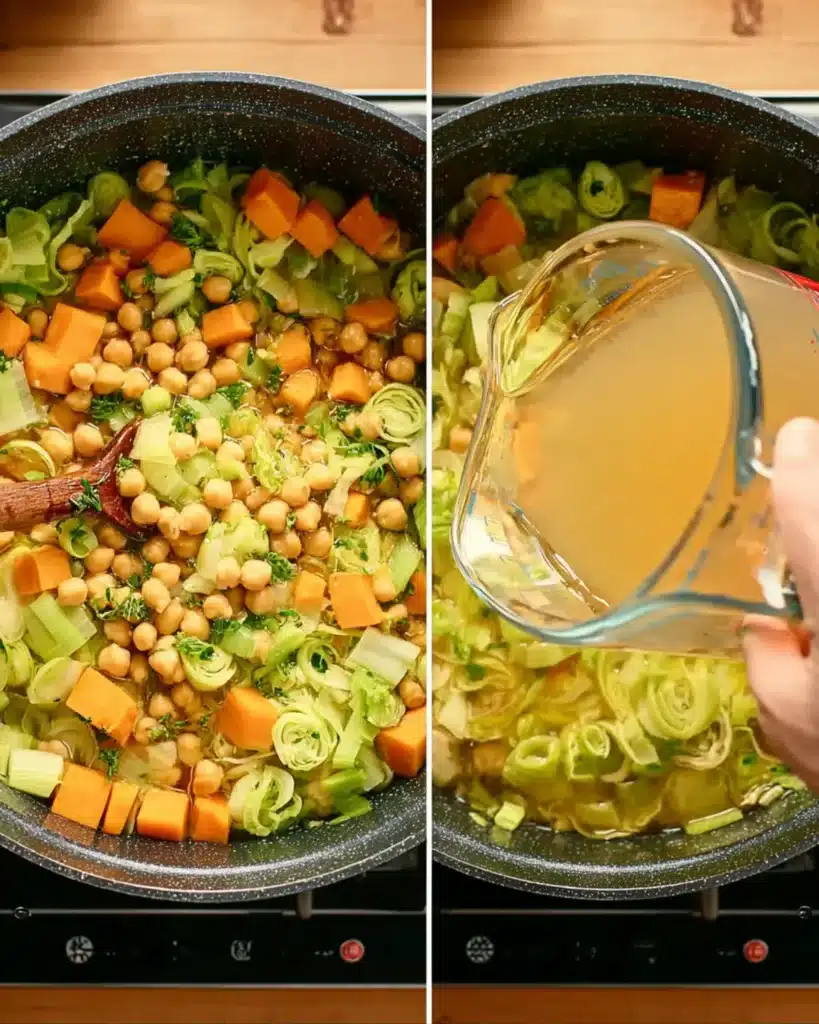 Cooking pot with leeks, pumpkin, chickpeas, and vegetable broth being poured in
