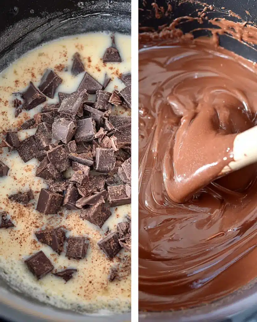Chocolate chunks melting with sweetened condensed milk in a bowl for Easy Truffles preparation.
