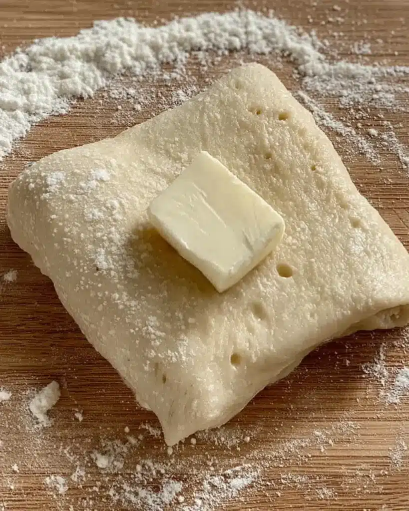 Square of pizza dough topped with mozzarella on a floured board for Christmas tree bread balls.