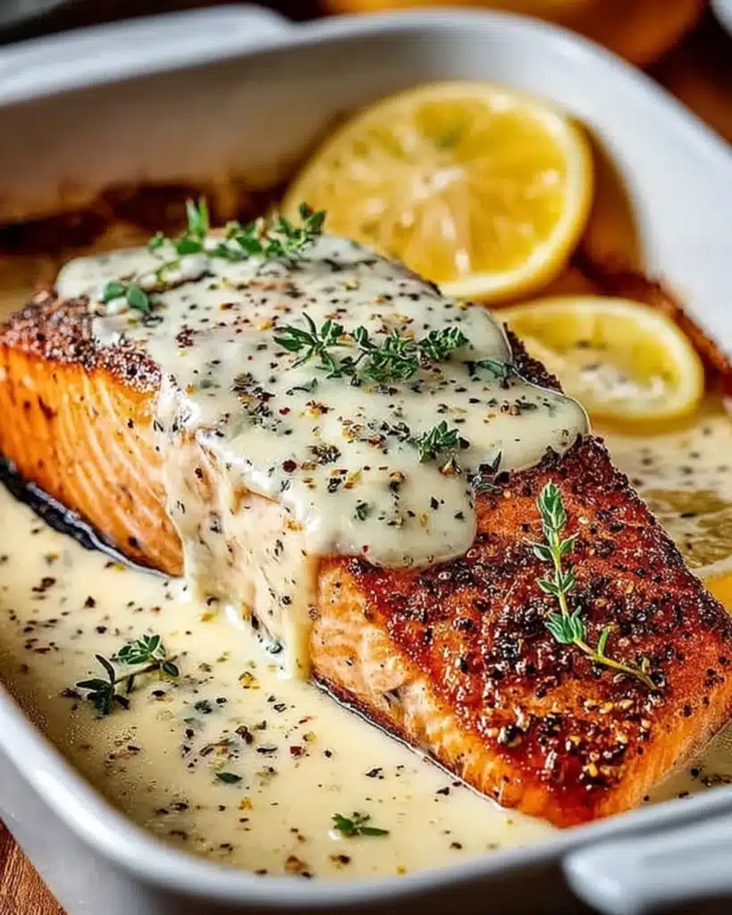 Perfectly baked salmon topped with melted Boursin herb sauce and lemon slices in a ceramic dish.