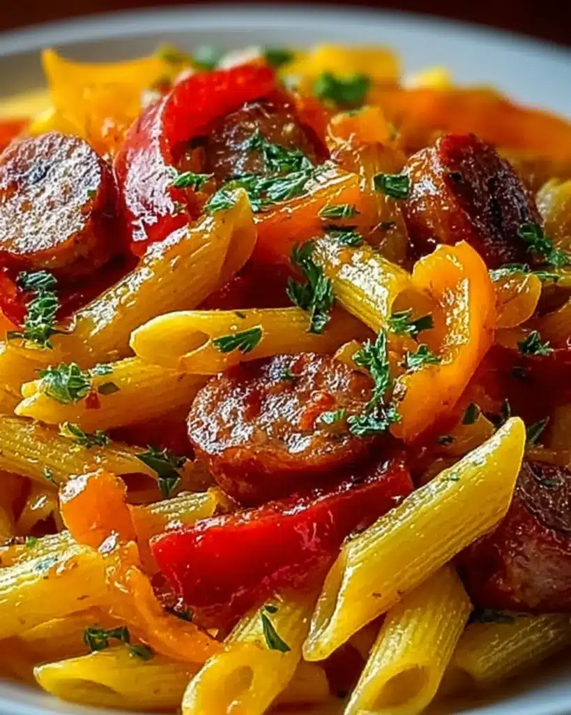 Penne Sweet Pepper Sausage Pasta topped with herbs and coated in tomato sauce