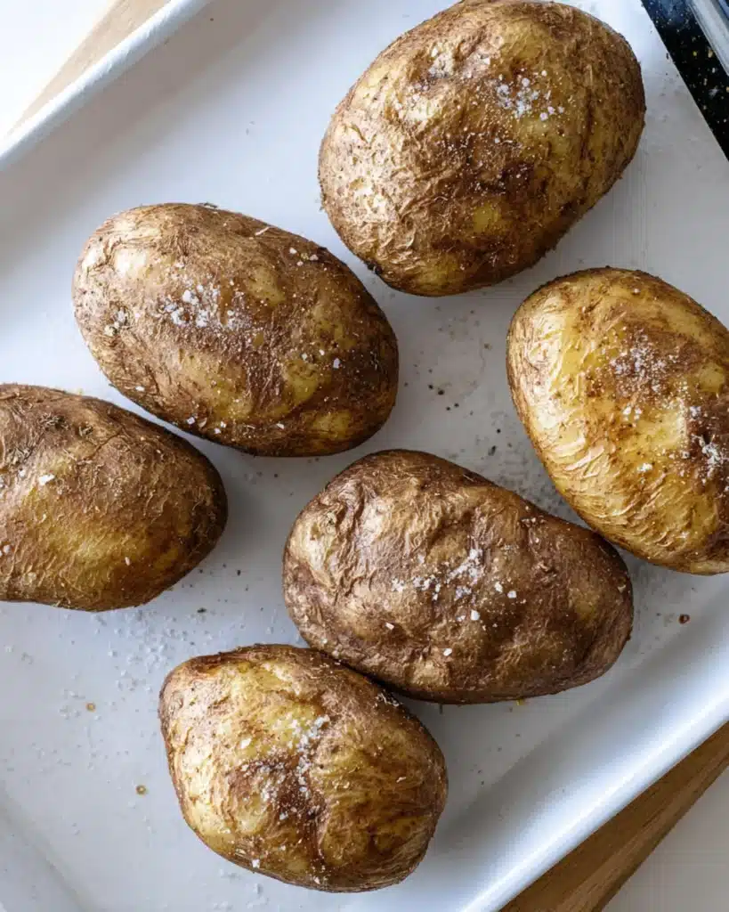 Baked russet potatoes sprinkled with sea salt cooling on a white baking tray