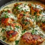 Finished Chicken Florentine in a skillet, featuring perfectly cooked chicken breasts, creamy sauce, and fresh parsley for garnish.