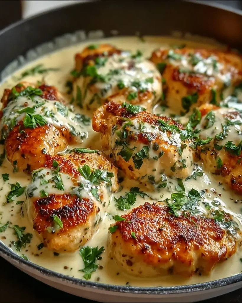 Finished Chicken Florentine in a skillet, featuring perfectly cooked chicken breasts, creamy sauce, and fresh parsley for garnish.