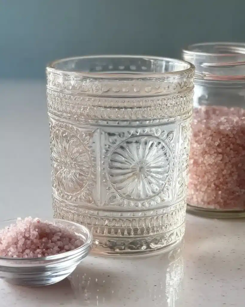 Clear embossed drinking glass next to pink Himalayan salt and a jar of salt for a weight loss drink.