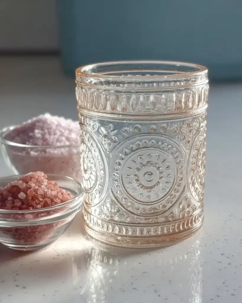 Embossed glass with pink salt crystals in a bowl for preparing the pink salt detox drink.