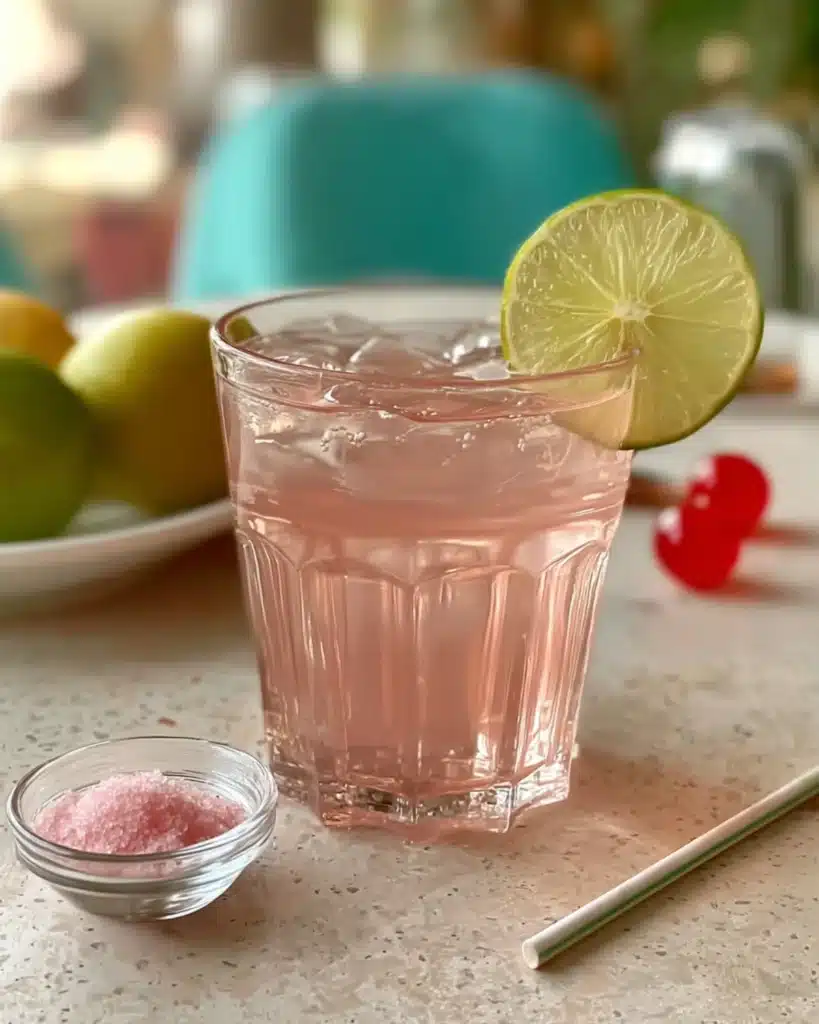 Glass of pink salt electrolyte drink with lime wedge and a small bowl of crystal salt.