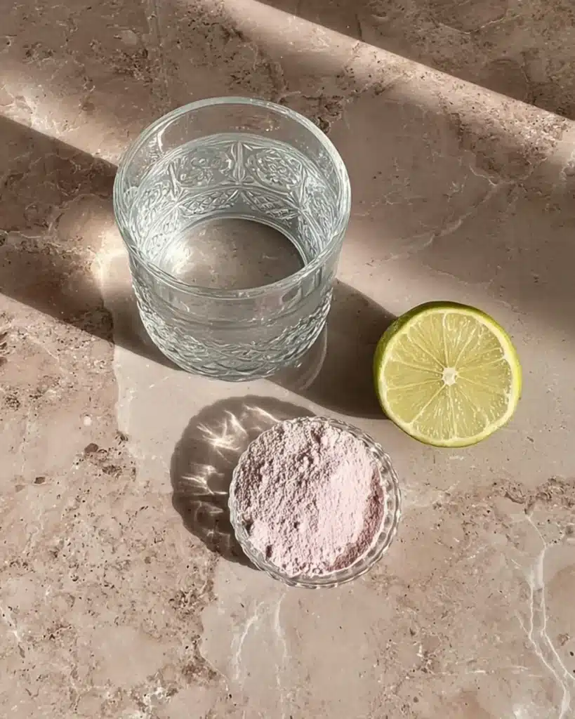 Clear glass of water with pink salt powder and fresh lime on a marble surface.