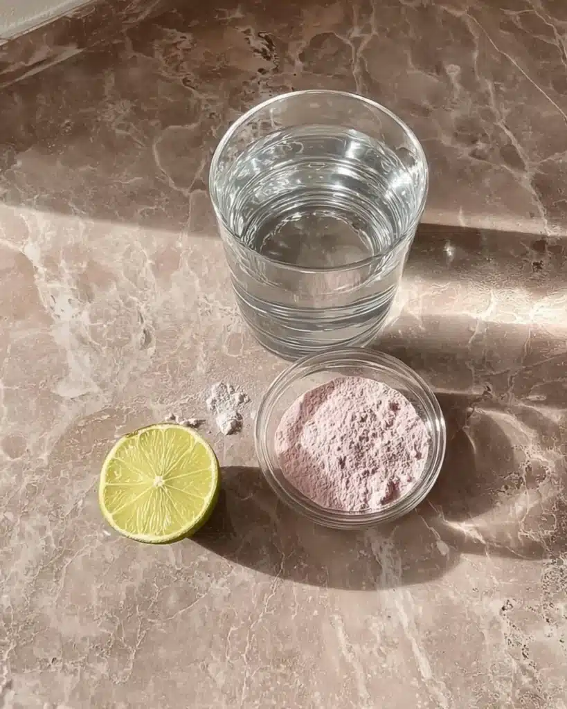 Glass of water with pink salt powder and a fresh lime slice on a marble countertop.