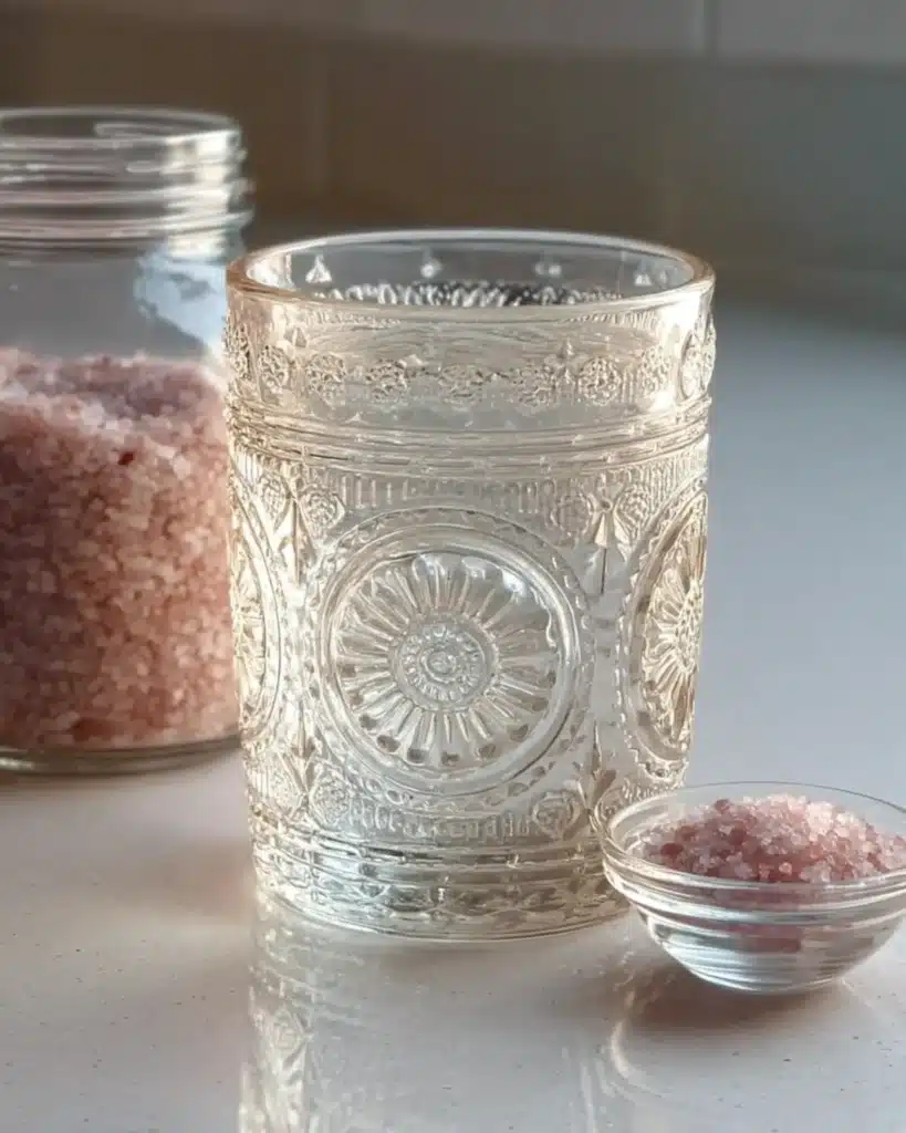 Glass cup with embossed design next to a bowl of pink Himalayan salt for a pink salt weight loss drink.