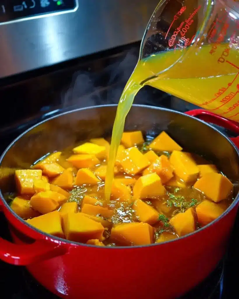 Pouring vegetable broth over fresh pumpkin cubes in a red Dutch oven