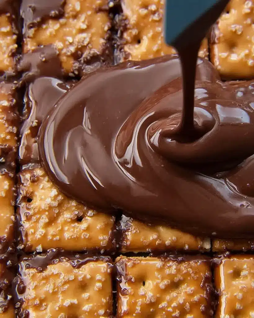 Melted chocolate being poured over caramel-coated saltine crackers for Christmas Crack recipe