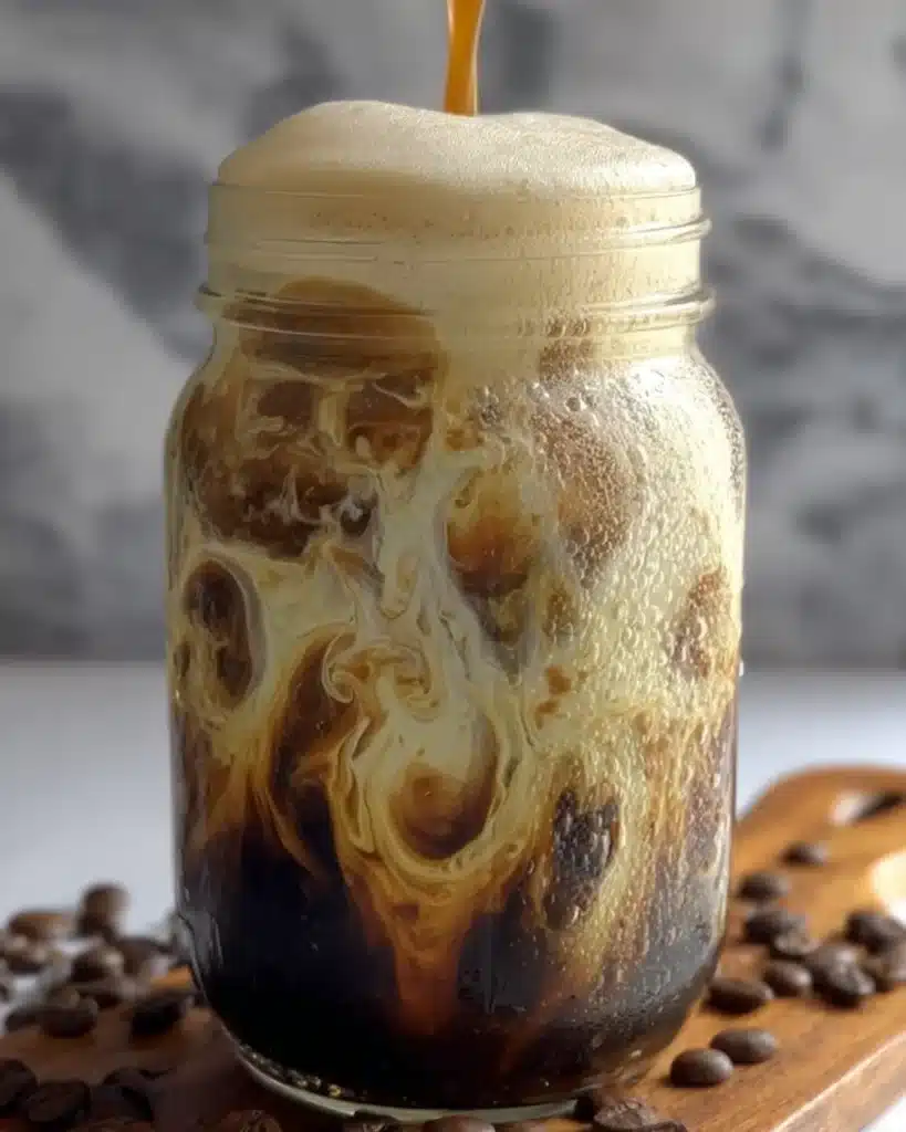 Creamy Iced Brown Sugar Oatmilk Espresso being poured into a mason jar with swirling patterns
