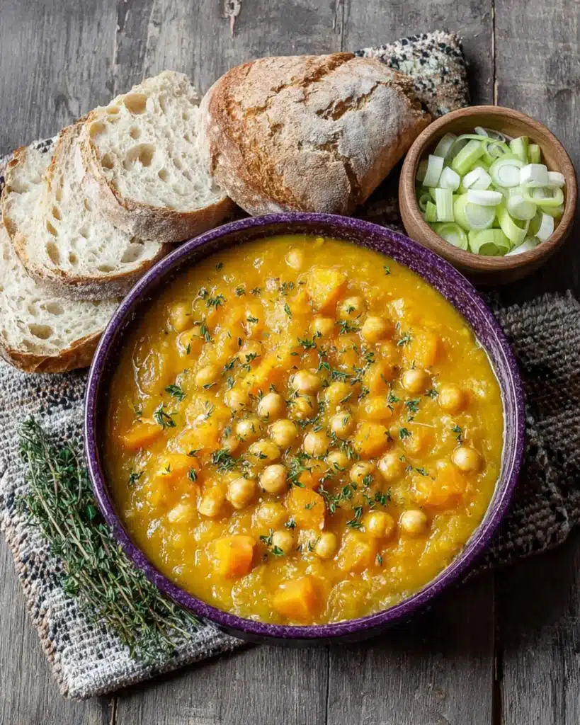Pumpkin and Leek Soup served in a rustic purple bowl with crusty bread and sliced leeks on a wooden table