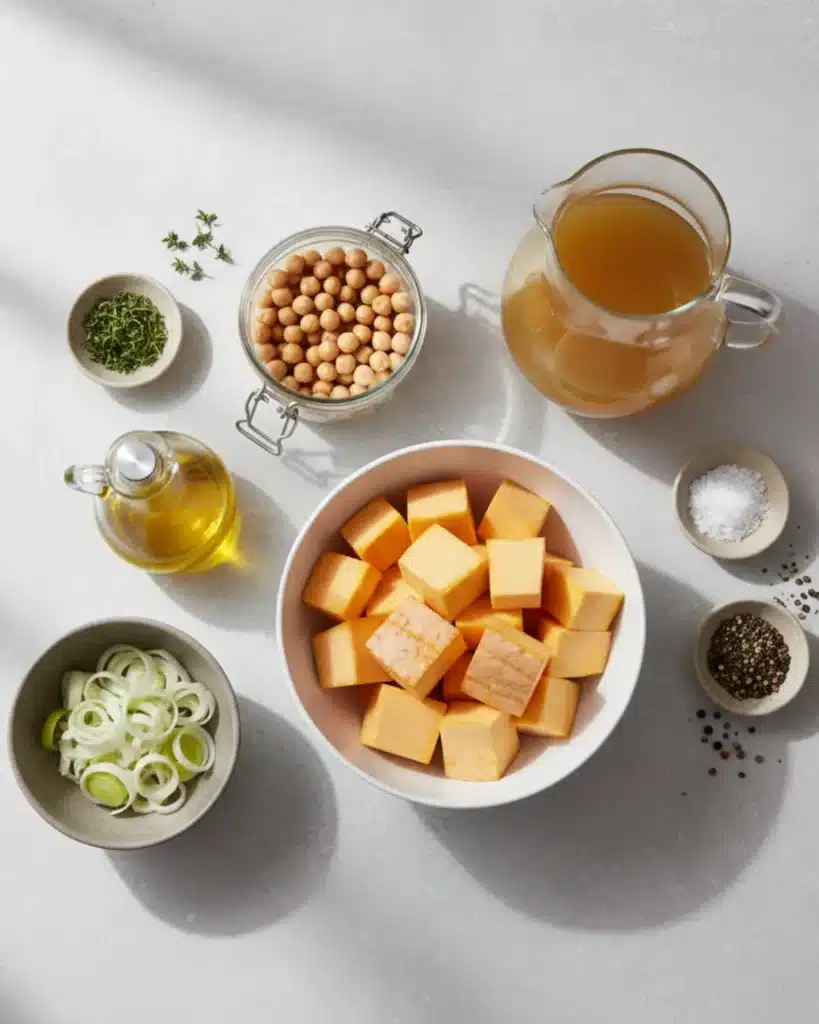 Flat lay of ingredients for Pumpkin and Leek Soup including pumpkin cubes, leeks, chickpeas, thyme, broth, and olive oil