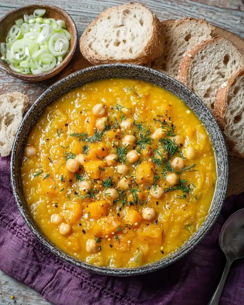 Pumpkin and Leek Soup topped with chickpeas, served with crusty bread and fresh thyme