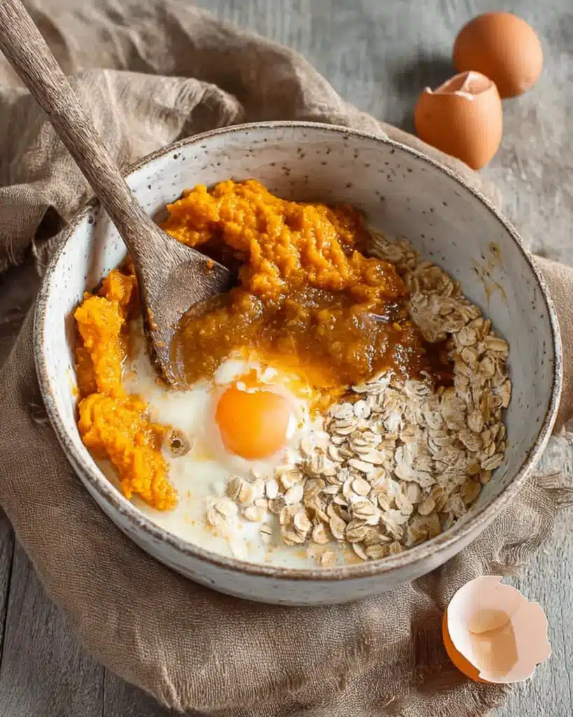 Mixing oats, pumpkin puree, and eggs in a rustic bowl for homemade pumpkin baked oatmeal