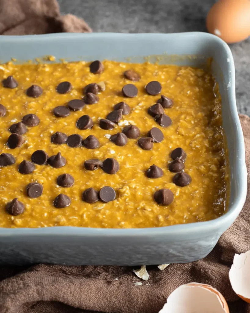 Pumpkin baked oatmeal batter topped with chocolate chips before baking in a blue ceramic dish