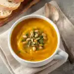 Creamy pumpkin ginger soup served in a white bowl with toasted pumpkin seeds and parsley