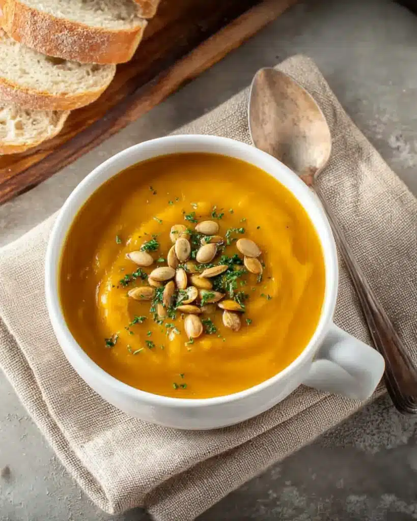 Creamy pumpkin ginger soup served in a white bowl with toasted pumpkin seeds and parsley