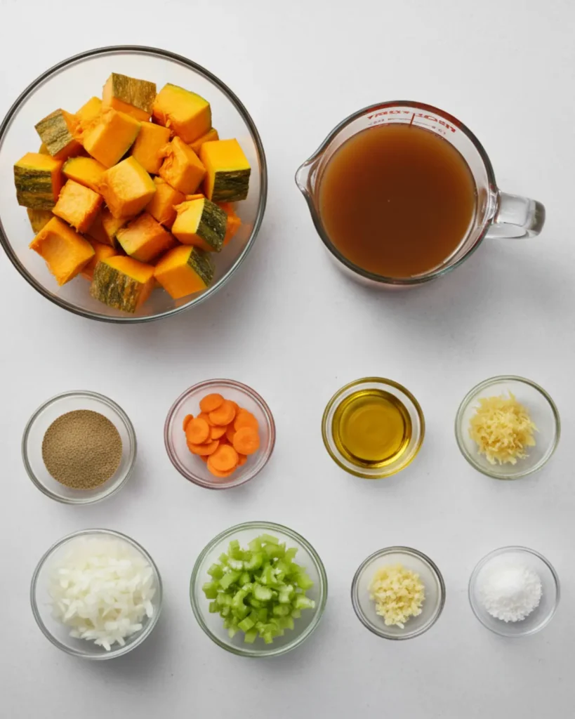 Fresh pumpkin, carrots, celery, garlic, ginger, and broth arranged in clear bowls on a white surface