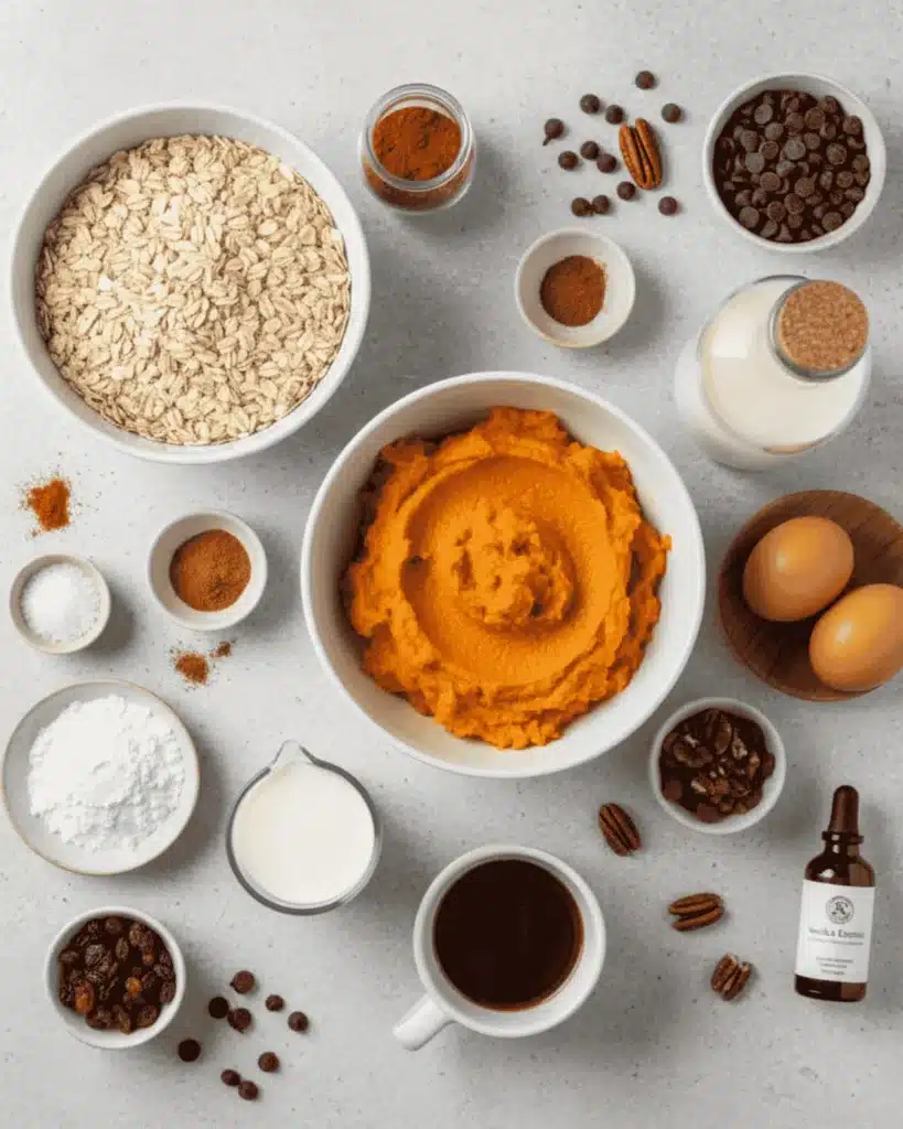 Pumpkin puree, rolled oats, warm spices, chocolate chips, eggs, milk, raisins, pecans, vanilla, and coffee arranged on a light surface for making pumpkin oat breakfast cookies.