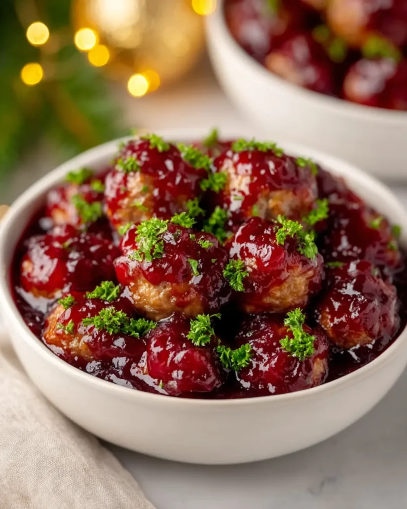 Quick Cranberry Meatballs served in a white bowl with rich cranberry sauce and parsley garnish for Christmas dinner.