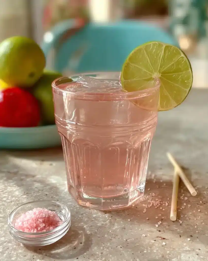 Pink salt detox drink in a glass with a lime slice and a small bowl of pink salt.